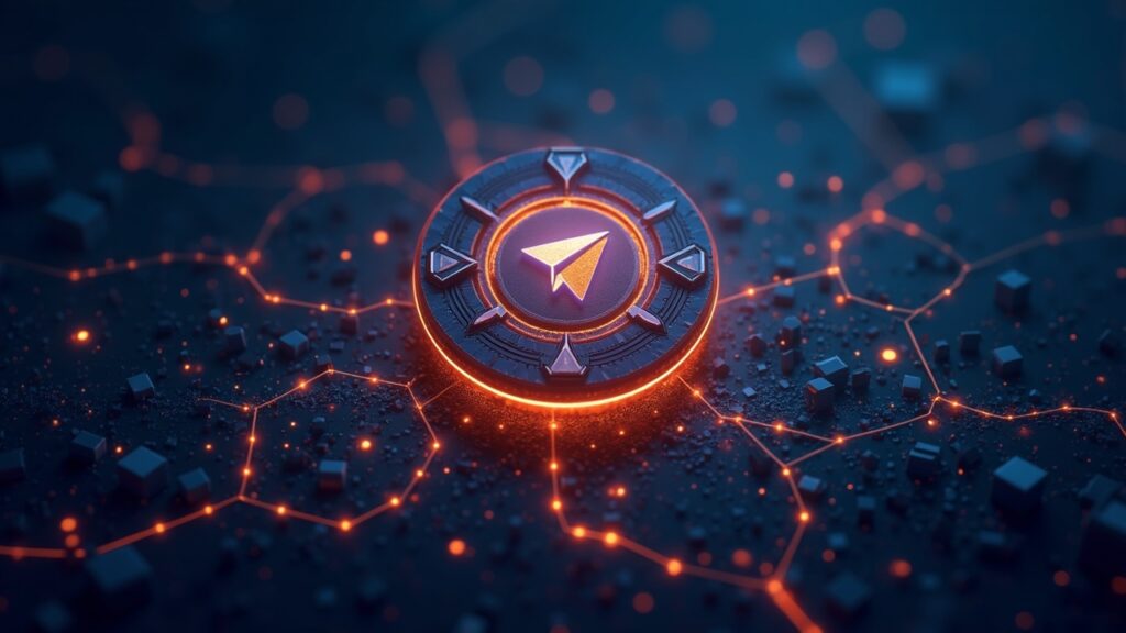 Photorealistic crypto header showing TON emblem center, DAO gears, Telegram logo, and glowing network lines over a cityscape.