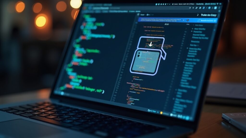 Realistic scene: Trust Wallet icon on a laptop with malware code exposing seed phrases and fading tokens.