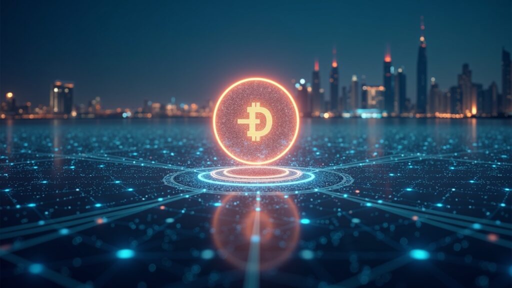 The United Arab Emirates integrates the tokenized asset economy into its national financial structure Photoreal UAE skyline with a glowing token hovering over a blockchain grid linking real estate and carbon credits.