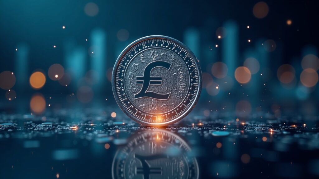 Photorealistic UK pound coin hologram bridging a modern payments hub with regulators and fintechs in the background.