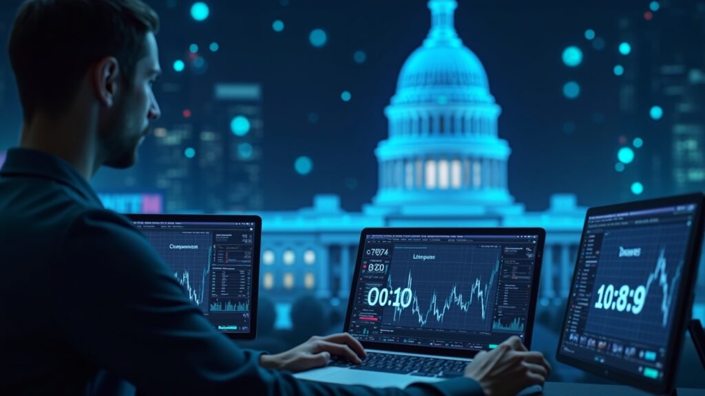 U.S. Market Structure Bill risks slipping into January as negotiations remain unresolved Futuristic trading desk in sharp focus with a looming U.S. Capitol hologram and a January countdown.