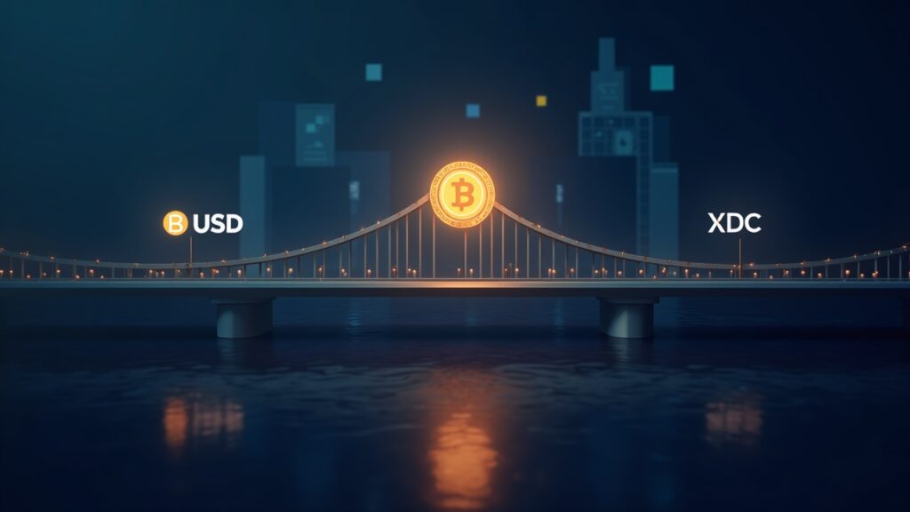 Futuristic multi-chain bridge with a glowing USDC token and Bybit and XDC logos over a newsroom backdrop