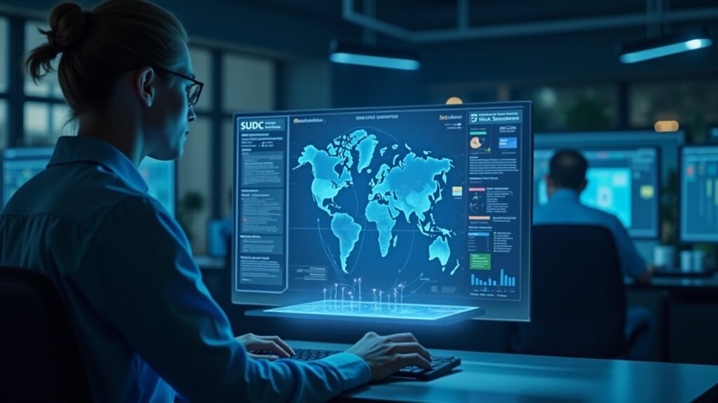 Visa offers stablecoin settlement for US banks using Circle’s USDC Bank desk scene with a professional reviewing a holographic display of USDC, Solana visuals, and Visa settlement flow.