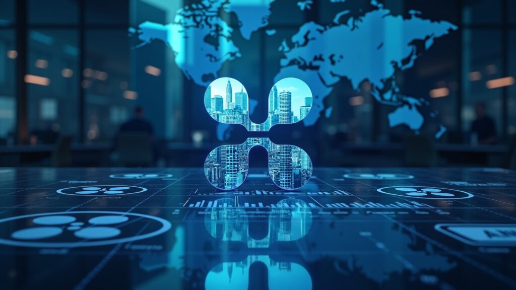 Glossy photorealistic newsroom with Wall Street skyline reflecting in Ripple logo hedged risk charts and regulatory seals.