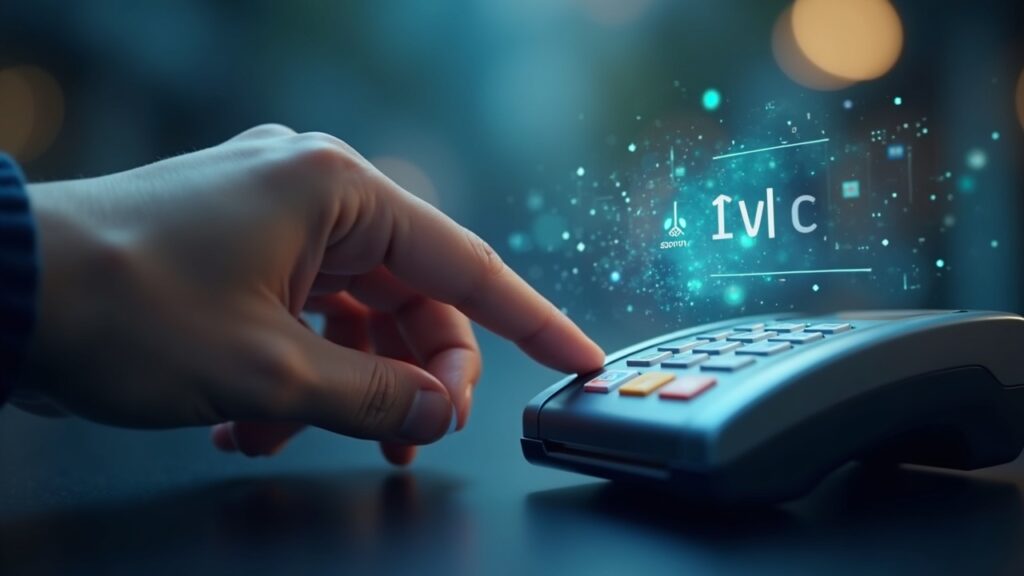 Photorealistic wallet user tapping a card at a Visa terminal with Algorand lattice and USDC symbol, instant settlement.