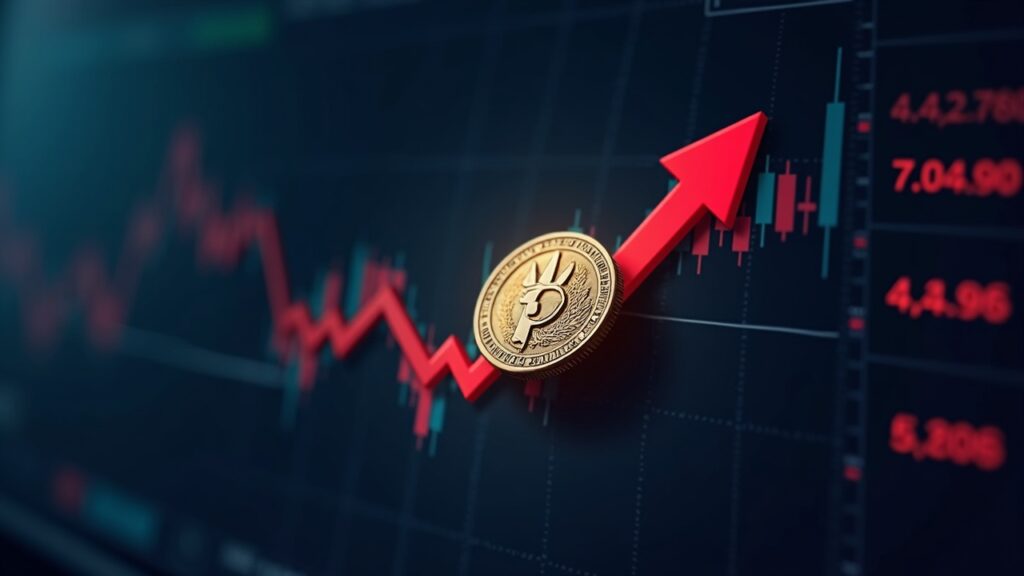 Photorealistic crypto trading screen with WLFI token price drop, red arrows, and subtle political motif in a newsroom setting