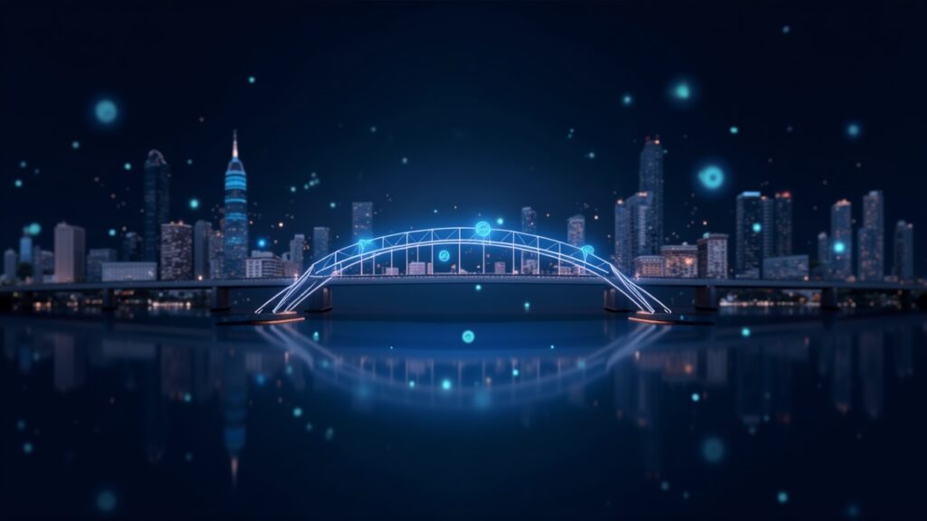 Backed and Chainlink launch xBridge to transfer tokenized stocks across Solana and Ethereum High-tech bridge graphic linking Solana and Ethereum with tokenized stock icons flowing across a data-driven market backdrop.