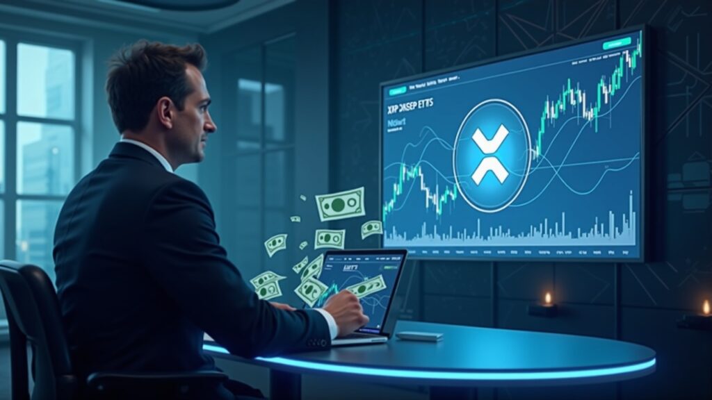 XRP Surpasses Ethereum and Solana With 935 Million in Assets Under Management Photorealistic finance analyst in a modern newsroom with XRP logo on screen and dollars flowing into XRP ETFs.