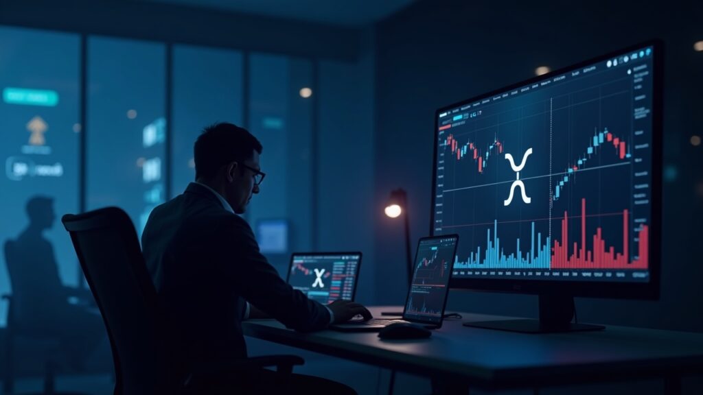 Photorealistic newsroom scene: trader at desk watching XRP chart turn red as sentiment falls, with RLUSD icon in background.