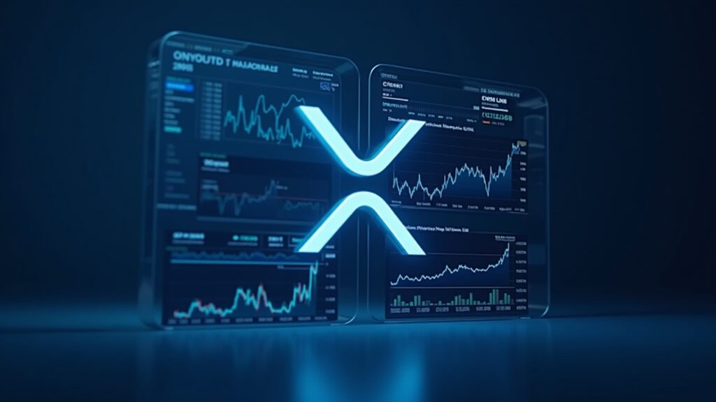 XRP token with split panels: on-chain metrics and ETF inflows on left; bearish charts and death cross on right.