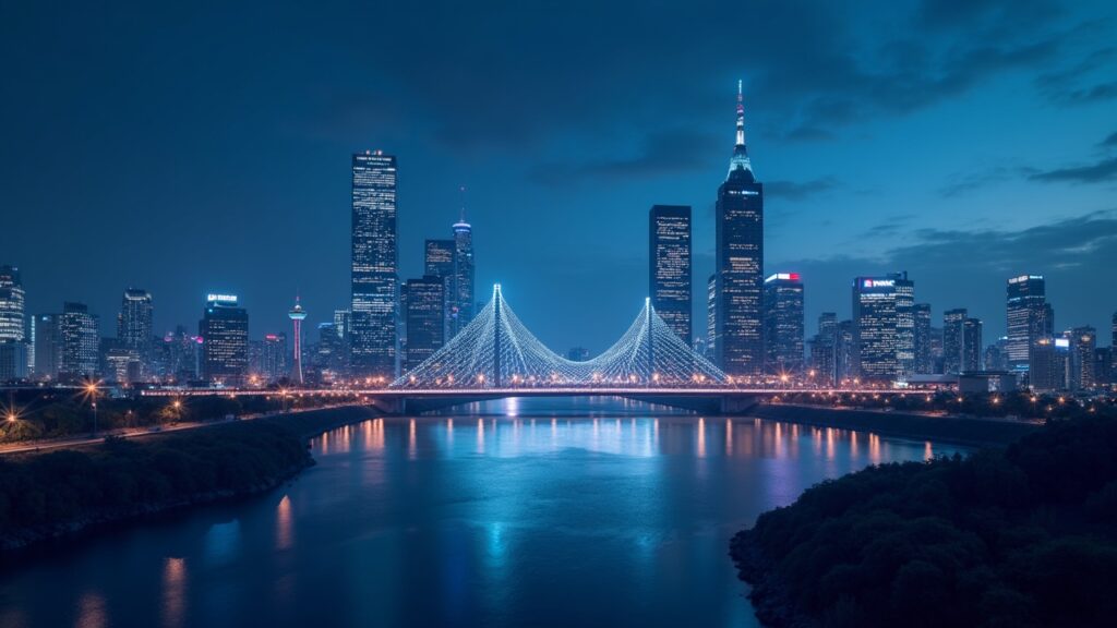 Ripple leverages japanese banking giants to drive XRP ledger activity Tokyo skyline with a glowing XRPL-inspired bridge linking Mizuho and SMBC towers to a RLUSD ledger.