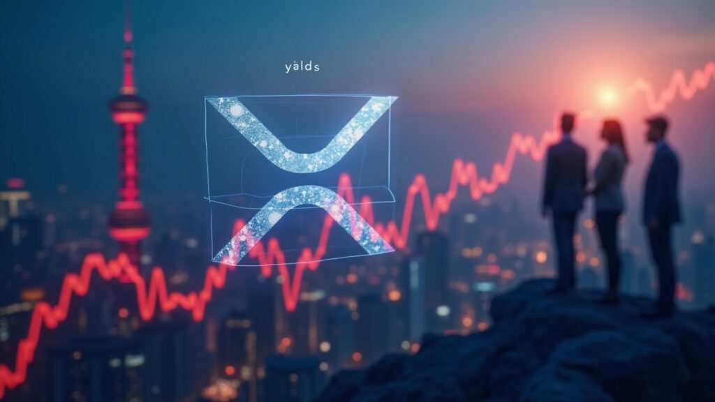 Photoreal XRP logo over a rising yield chart with Asia skyline and regulators in the background.