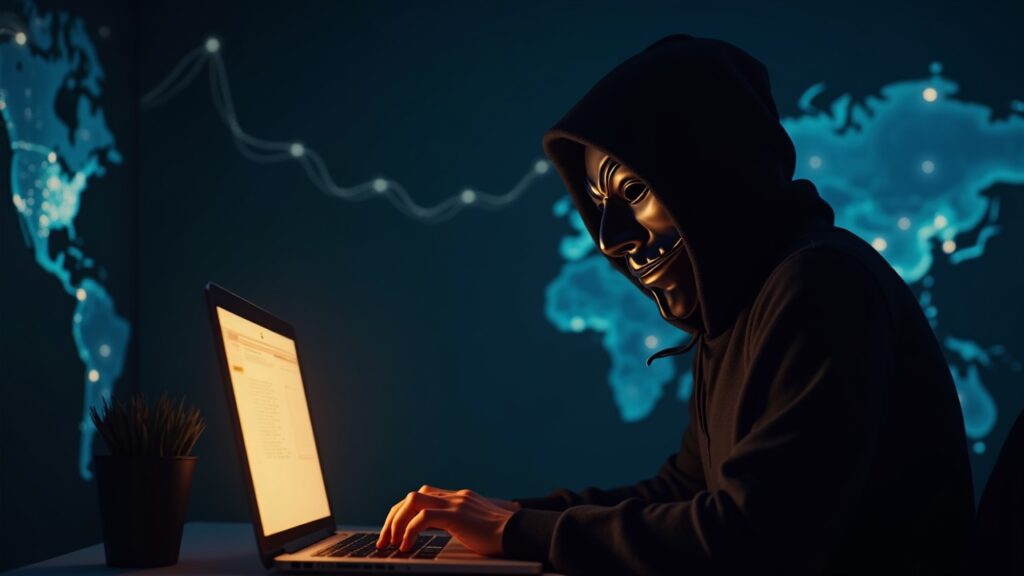 ZachXBT denounces Canadian scammer for theft of 2 million dollars on Coinbase Photorealistic masked scammer at a glowing workstation, with on-chain fund-trace visuals and a subtle decentralized network overlay