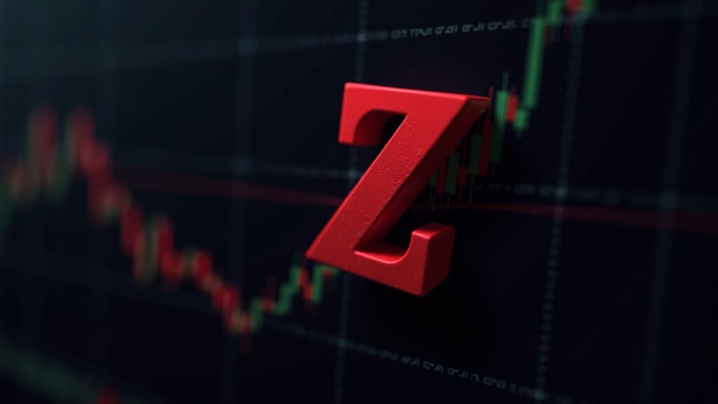 Photorealistic close-up of a fading Zcash logo on a dark crypto market screen with a red downward arrow.