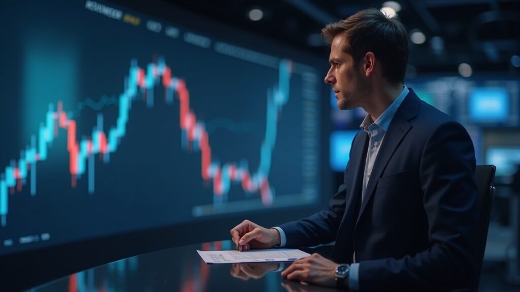 Photo-realistic crypto analyst in a newsroom with a holographic price chart showing a gap to November high, in ZEC hues.