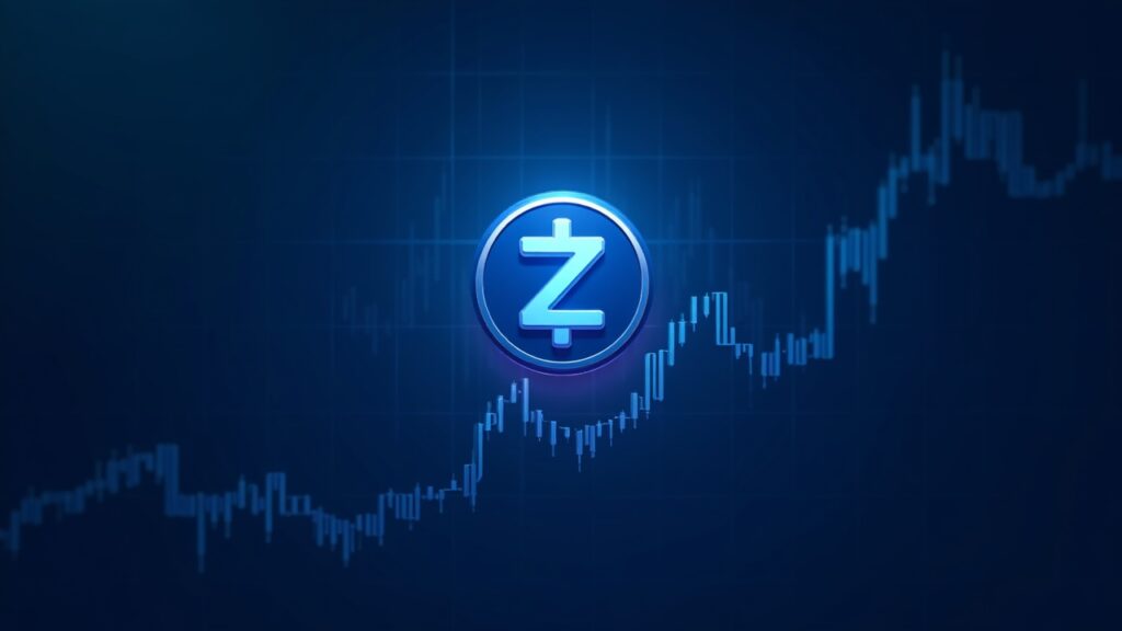 Bullish Outlook for Zcash Points to 4,750 Dollars After 45 Percent Correction Photorealistic Zcash logo atop a price chart showing a 1000 percent rally and pullback, cool blue tones signaling volatility