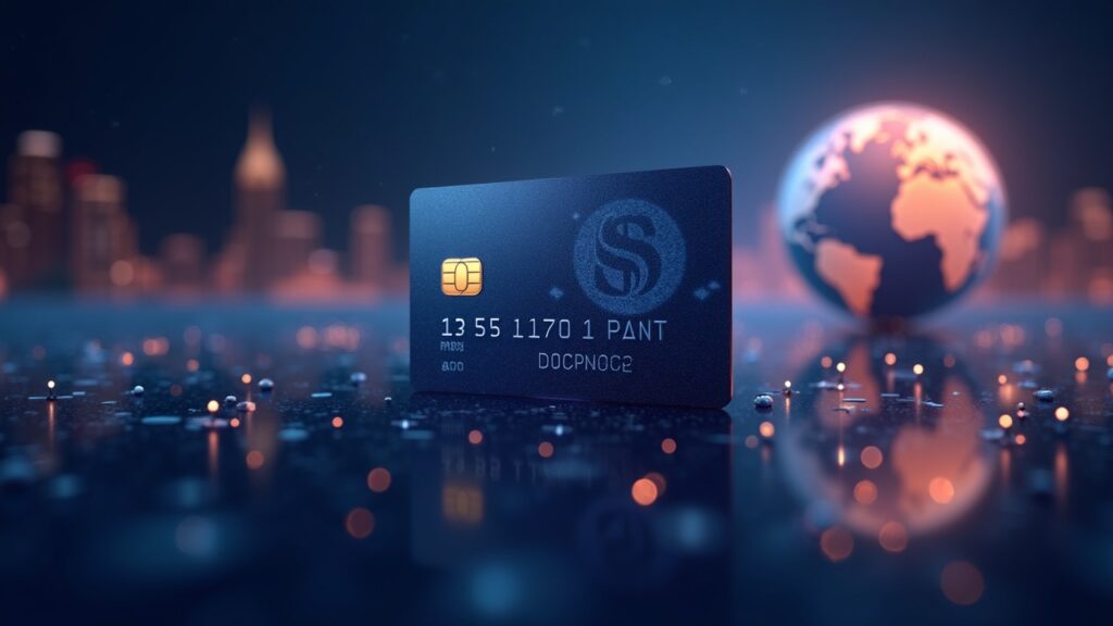 Photorealistic crypto card with mobile wallet icons, Seoul skyline, and a glowing globe representing crypto-to-fiat payments