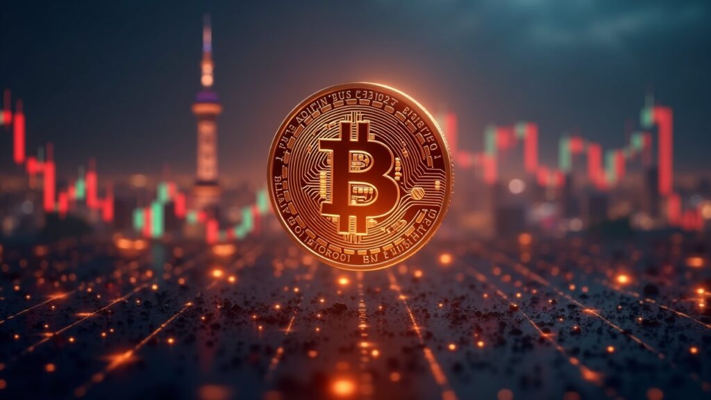 Photorealistic Bitcoin coin above an Asian skyline with rising tickers, symbolizing resilience and institutional demand.