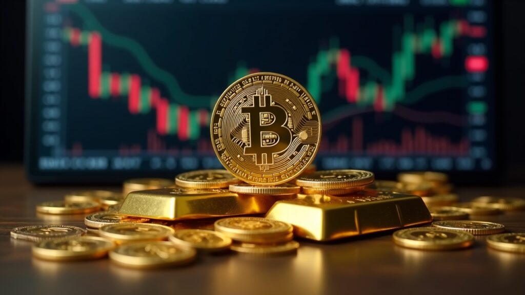Bitcoin rises above gold bars with Asian market tickers on screens and a hint of dollar weakness.