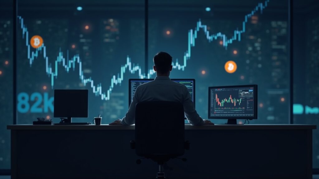 Bitcoin falls 7 percent as Trump signals Fed chair pick and budget deal Photo-realistic newsroom: focused trader at desk, Bitcoin at 82k, rising dollar, subtle White House icon, risk-off mood.