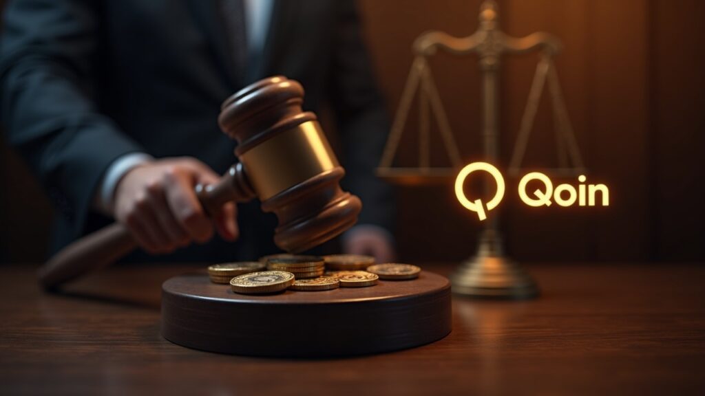 Australia imposes 14 million dollar fine on Qoin Wallet operator for unlicensed activity Photorealistic header with a gavel and a glowing Qoin wallet logo, coins, and a courtroom backdrop signaling crypto regulation.