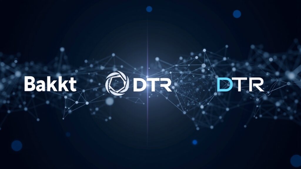 Hyper-realistic header showing Bakkt and DTR forming a unified fintech hub with programmable payments rails and stablecoin flows.