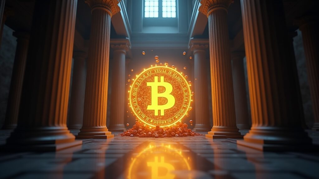 Realistic bank lobby scene with a glowing stablecoin at center, yield arrows colliding with open-banking API gates.