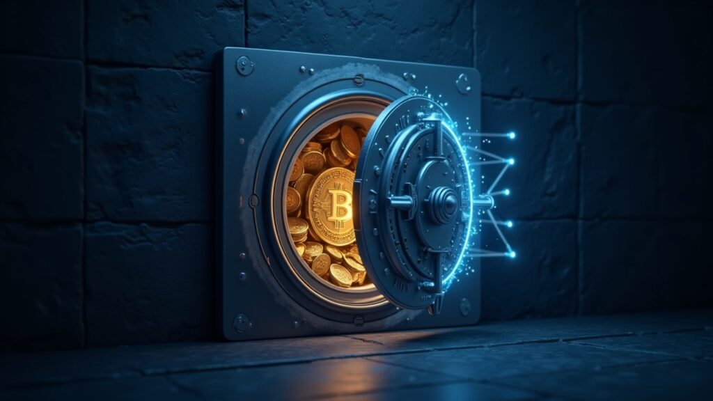 Photorealistic vault dissolving into glowing stablecoins with a digital ledger overlay and blue regulatory glow.