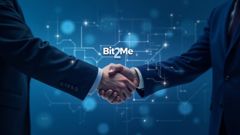 Photorealistic bankers handshake with Bit2Me logo on a digital grid featuring MiCA symbols in a blue newsroom setting.