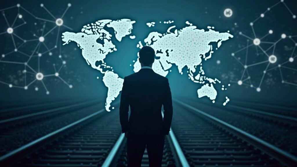 Silhouette of a banking executive against a global rails network, signaling regulated digital money and tokenised deposits.