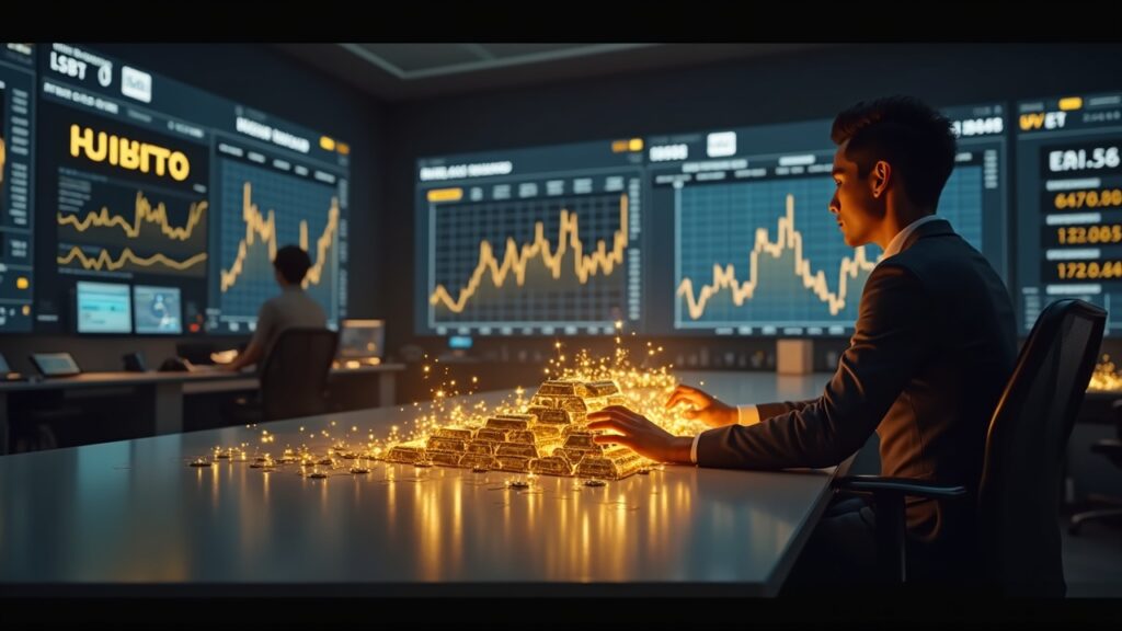 Photoreal crypto trader at a sleek desk with holographic gold bars, silver futures tickers, Binance branding and USDT symbols