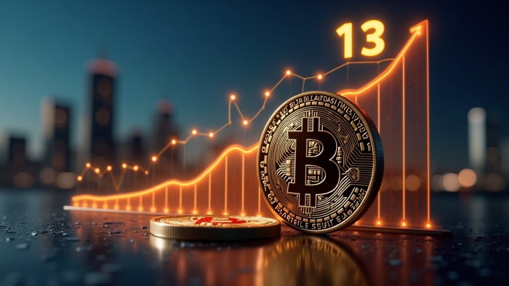 Photorealistic Bitcoin coin in foreground with an ascending-triangle chart toward 113k, glowing data lines, city skyline.