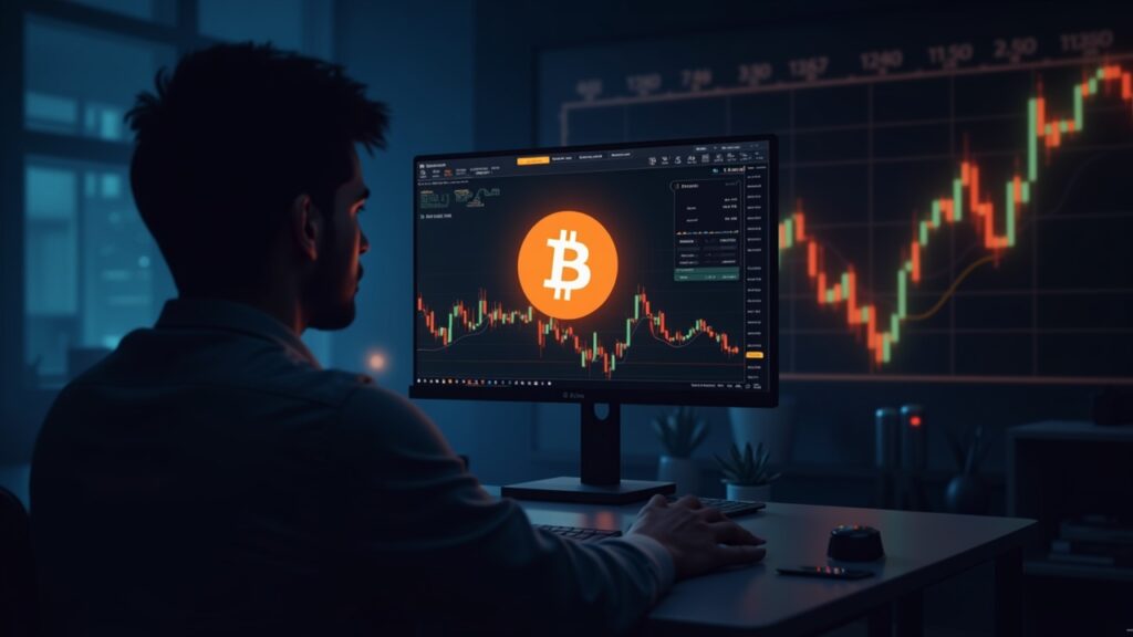 Photorealistic crypto newsroom with Bitcoin logo on a monitor and rising charts.