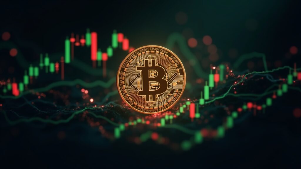 Photorealistic bitcoin coin at center with holographic chart of green inflows and red outflows near 92k.