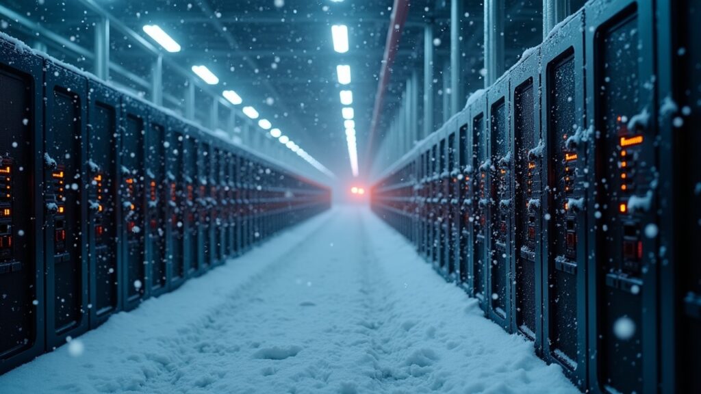 Photorealistic Bitcoin mining facility in a snowstorm with frosted rigs and a 663–854 EH/s overlay.
