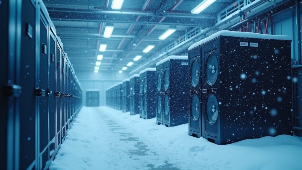 Snowy bitcoin mining facility with idle rigs and frost, overlaid rising stock chart showing AI compute shift