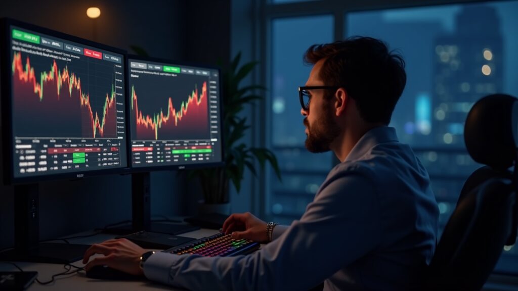 Photorealistic BTC trading desk with two monitors showing 69k and 100k, reflecting split sentiment and rising hedging costs.