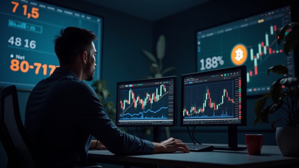 Professional traders accumulate Bitcoin under 91,000 dollars expecting an imminent institutional recovery Realistic newsroom scene: crypto trader at a sleek desk, BTC options charts show put skew and open interest.