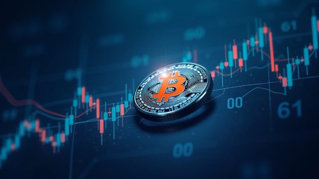 Bitcoin at center with hedging threads unraveling toward higher strikes under a blue newsroom glow