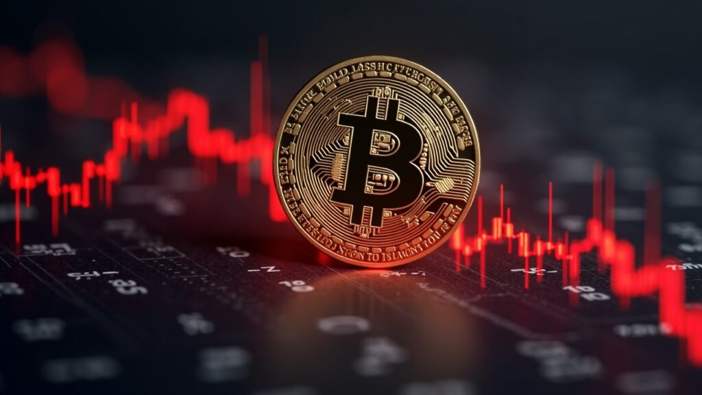 Bitcoin coin centerpiece with a red downward chart, faded 2019 timestamp, and regulatory documents.