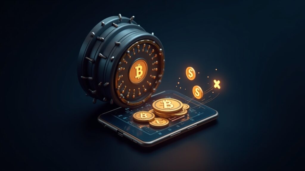 Photorealistic Bitcoin vault opening to a high-speed bank app screen with zk-rollup glyphs and ctUSD icons.