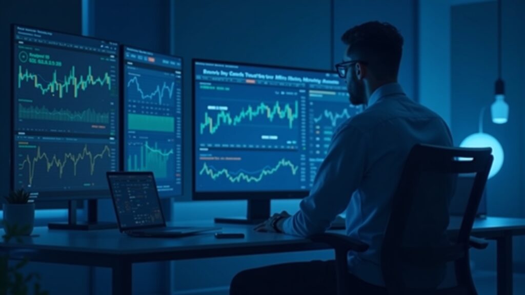 Bitget TradFi surpasses $2 billion in daily volume Photorealistic trader at a glass desk monitoring gold, forex, and indices on a large screen with subtle Bitget branding.