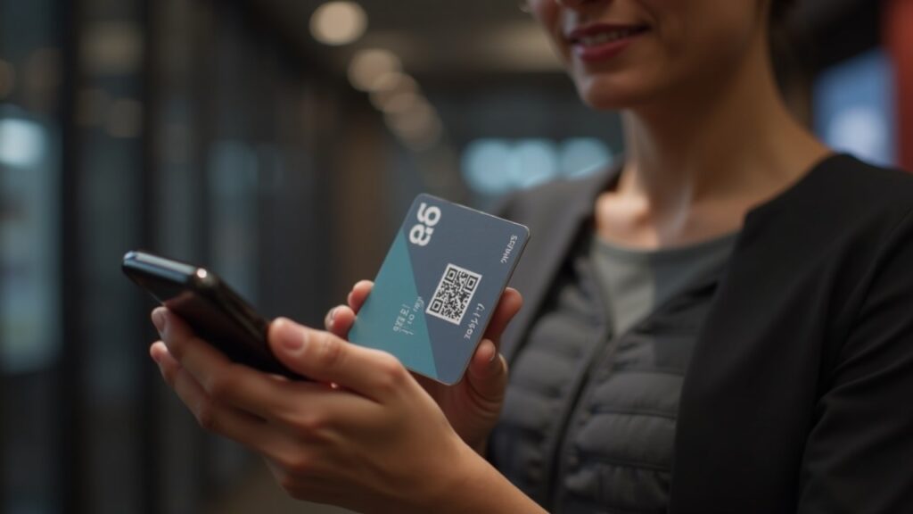 Photorealistic user using a smartphone to display Bitget Wallet Pay with a crypto card and QR code.