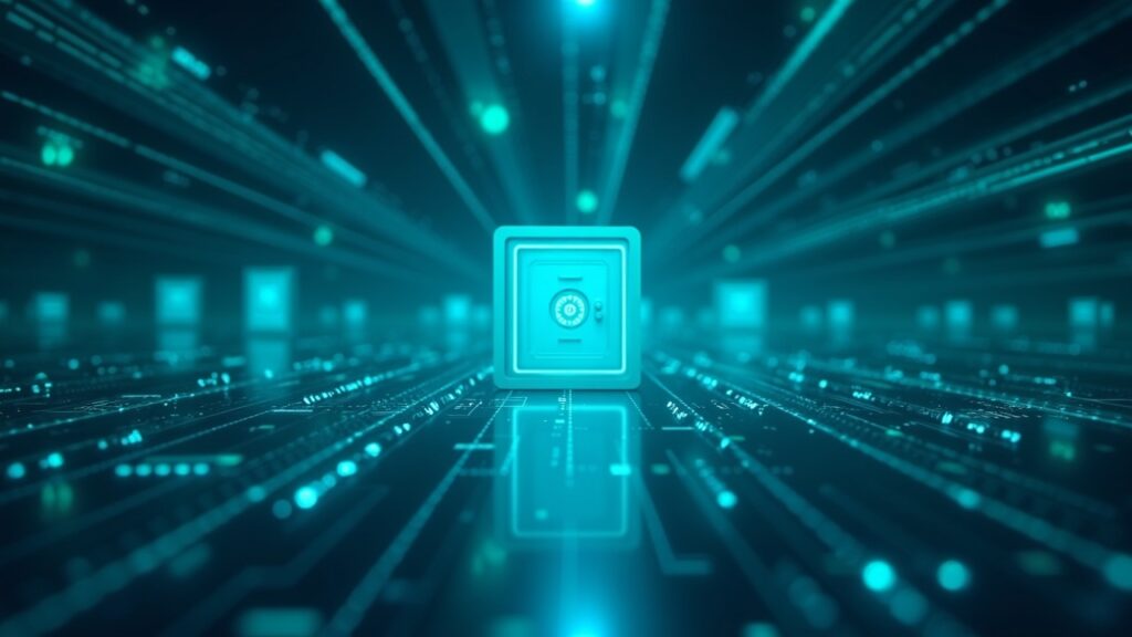 BitGo debuts on NYSE at $18 per share, crossing a $2 billion valuation Glossy NYSE-style trading floor morphing into glowing blockchain nodes with a BitGo vault at center, blue-green palette.