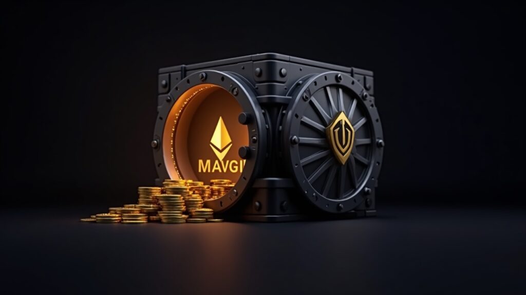 Photorealistic crypto treasury vault with a glowing 3D ETH stack and a MAVAN-inspired emblem