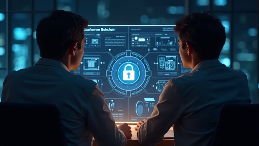 Diverse professionals review a glowing blockchain dashboard with identity, supply chain, and payments icons.