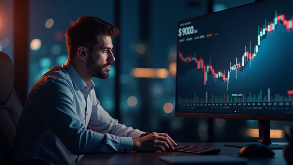 Analyst at a modern desk reviews a glowing BNB price chart showing resistance near 910-950 in a photorealistic newsroom.