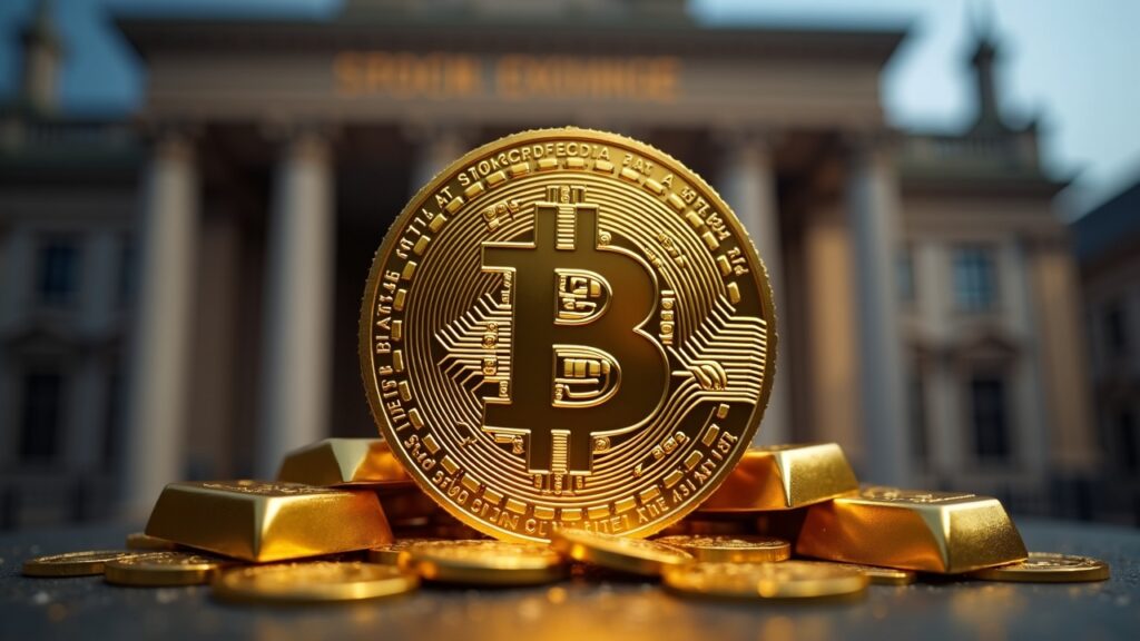 Photorealistic image of Bitcoin symbol and gold bars merging into a BOLD ticker against the London Stock Exchange facade.