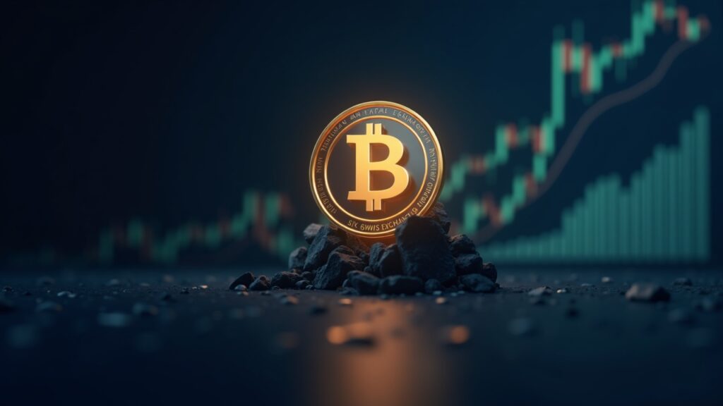 Photorealistic BONK token breaks six-month wedge on rising chart, with SIX Swiss Exchange badge and a blockchain backdrop.