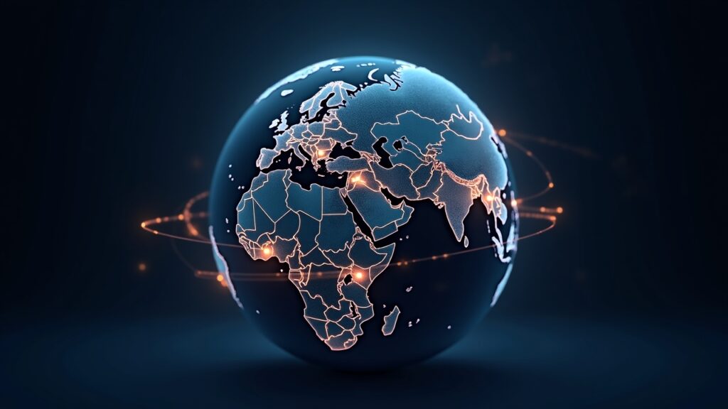 Photorealistic holographic globe showing BRICS with glowing CBDC rails linking currencies, signaling de-dollarization.